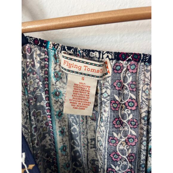 FLYING TOMATO Blue Boho Print Embroidered Dress - Picture 3 of 4